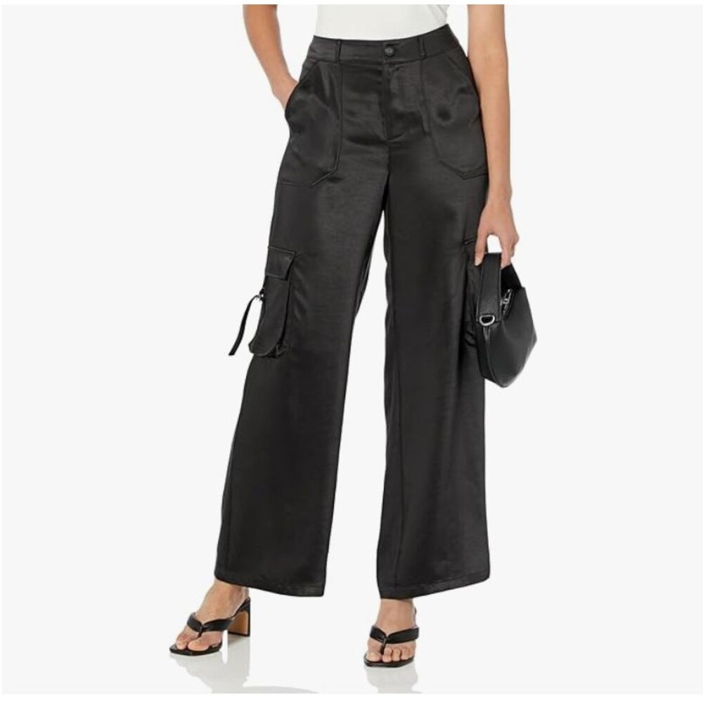 The Drop Women's Jessenia Shine Black Satin Wide Leg Cargo Pants Casual Size M